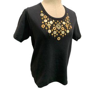 Large Exquisite Designs Women's Black Gold Embellished Tshirt 1990s Vintage